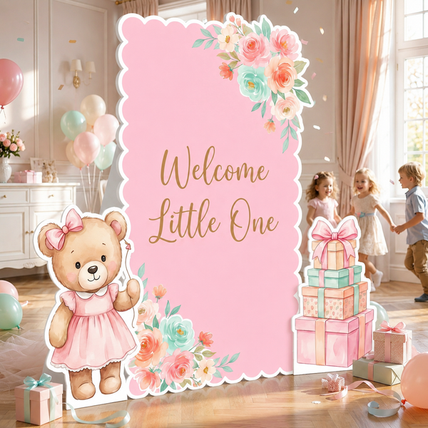 Pink Floral Teddy Bear Backdrop Set welcome little one party scene