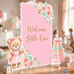 Pink Floral Teddy Bear Backdrop Set welcome little one party scene