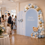 Little Teddy Baby Shower Backdrop Set indoor party setup with guests