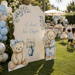 A Sweet New Chapter Baby Shower Backdrop Set outdoor garden party setup with balloon garland