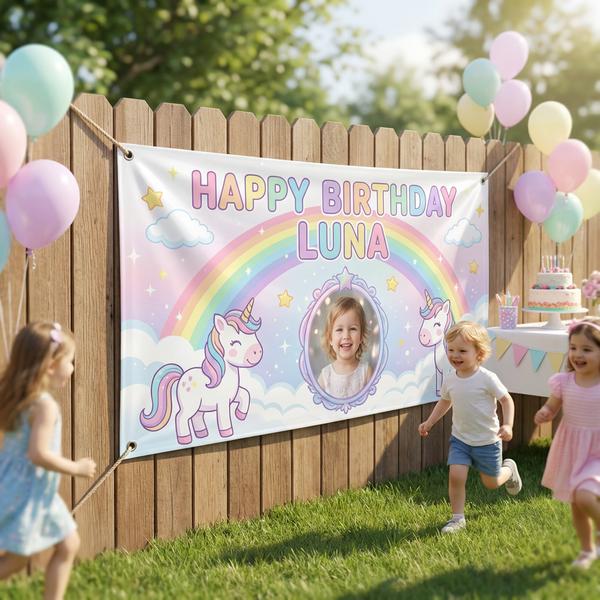 Custom kids birthday banner outdoor – rainbow unicorn birthday party banner