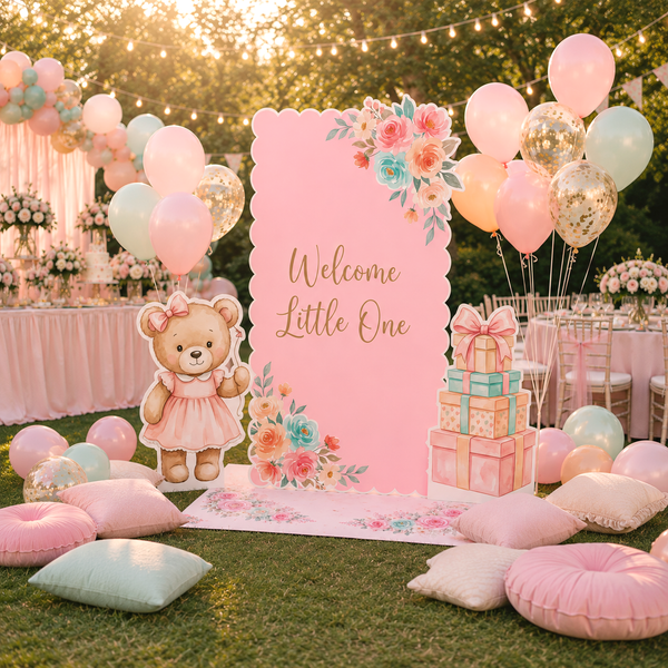 Pink Floral Teddy Bear Backdrop Set garden party lifestyle