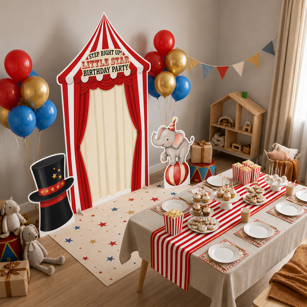 Circus Birthday Backdrop Set indoor party table setup lifestyle