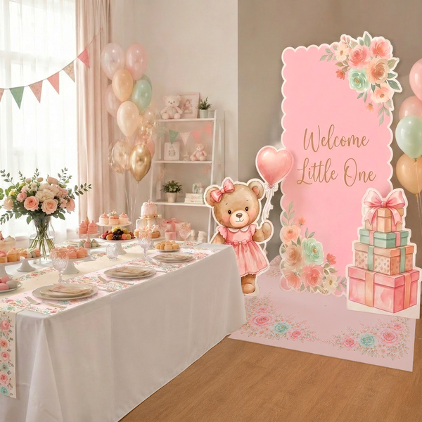 Pink Floral Teddy Bear Backdrop Set baby shower table setup