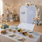 Little Teddy Baby Shower Backdrop Set with balloon arch and table styling