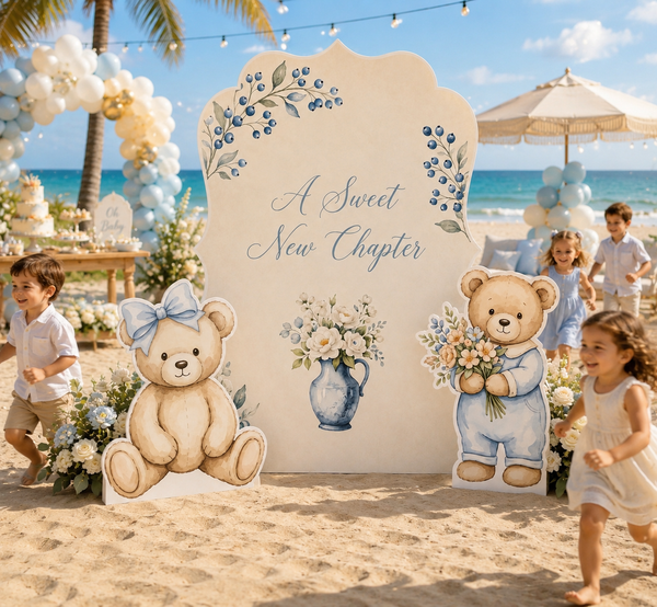 A Sweet New Chapter Backdrop Set beach baby shower setup with ocean view