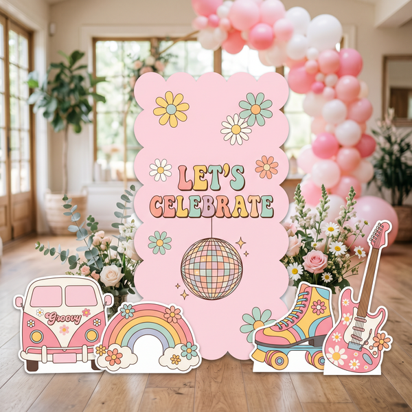 Groovy Let's Celebrate Backdrop Set – pink scalloped disco backdrop with VW bus, rainbow, roller skate and guitar standees indoor party setup