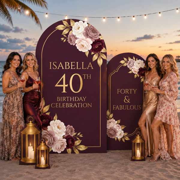 Personalized Burgundy Floral 40th Birthday Backdrop Set 9