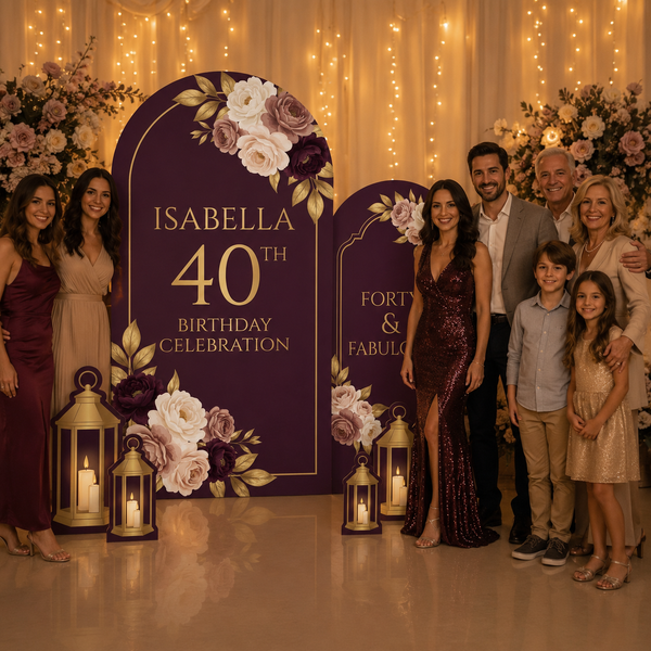 Personalized Burgundy Floral 40th Birthday Backdrop Set 4