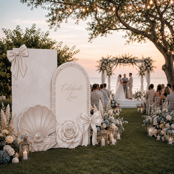 Pearl & Rose Wedding Backdrop Set — marble arch backdrops with rose and seashell standees