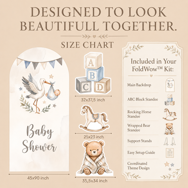 Vintage Stork Baby Shower backdrop set size chart