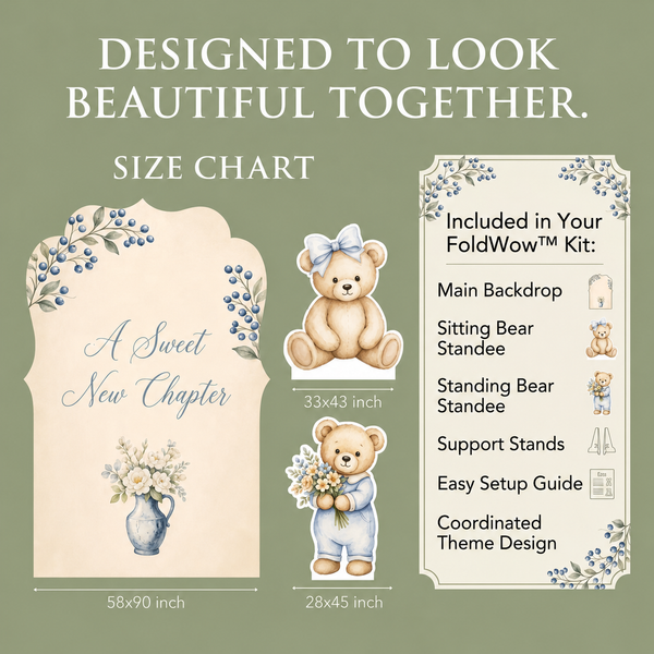 A Sweet New Chapter Backdrop Set Size Chart – 58x90 arch backdrop and 33x43, 28x45 standees