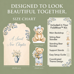 A Sweet New Chapter Backdrop Set Size Chart – 58x90 arch backdrop and 33x43, 28x45 standees