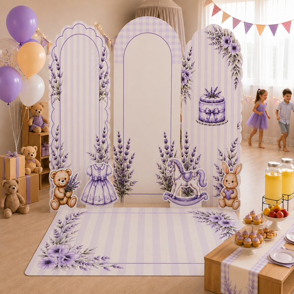 Lavender Dreams backdrop set at outdoor garden party