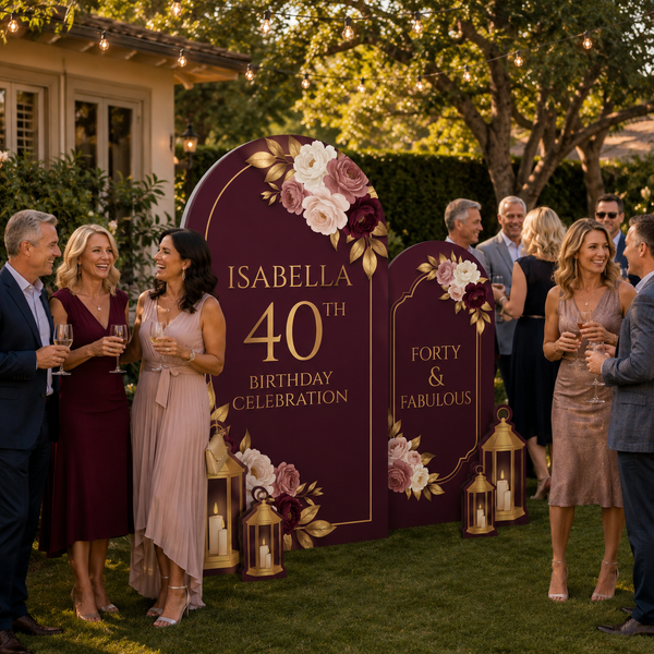 Personalized Burgundy Floral 40th Birthday Backdrop Set 10