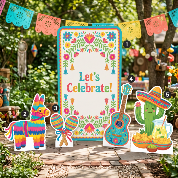 Fiesta Let's Celebrate Backdrop Set – colorful Mexican floral backdrop with pinata, maracas, guitar and cactus standees outdoor garden fiesta setup