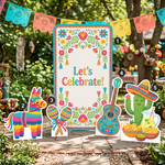 Fiesta Let's Celebrate Backdrop Set – colorful Mexican floral backdrop with pinata, maracas, guitar and cactus standees outdoor garden fiesta setup