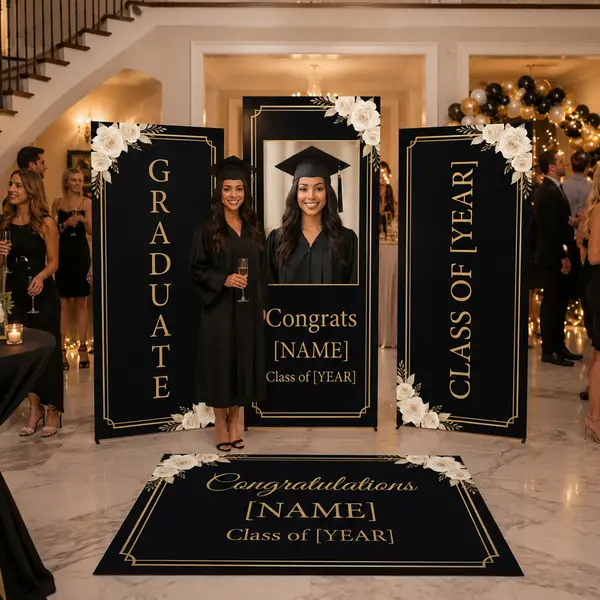 Personalized Black and Gold Graduation Backdrop Set