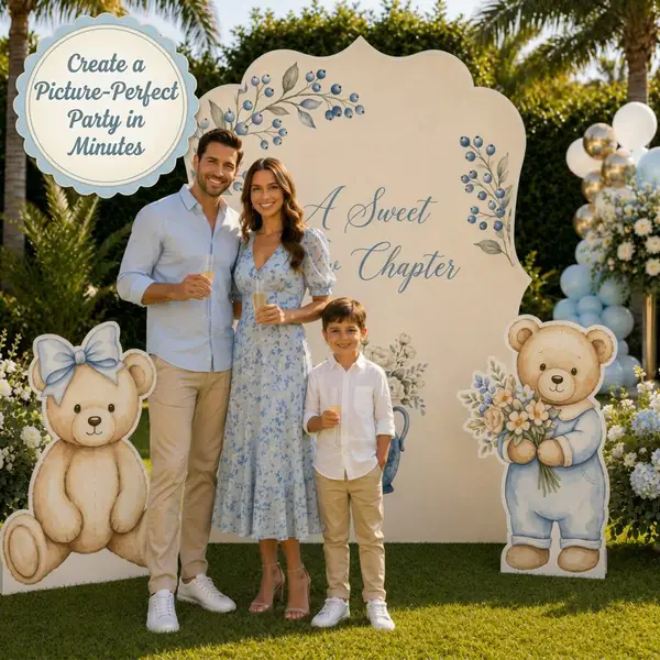 A Sweet New Chapter Baby Shower Backdrop Set – family photo with cream floral arch and teddy bear standees