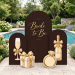 Bride to Be Backdrop Set – dark chocolate gold arch backdrops with gift box and diamond ring standees outdoor pool setup