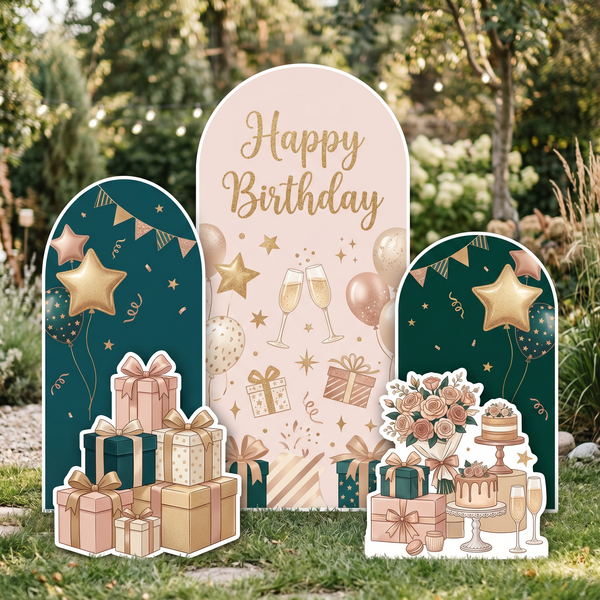 Happy Birthday Elegant Backdrop Set – blush pink and teal gold arch backdrops with gift stack and cake bouquet standees outdoor garden setup