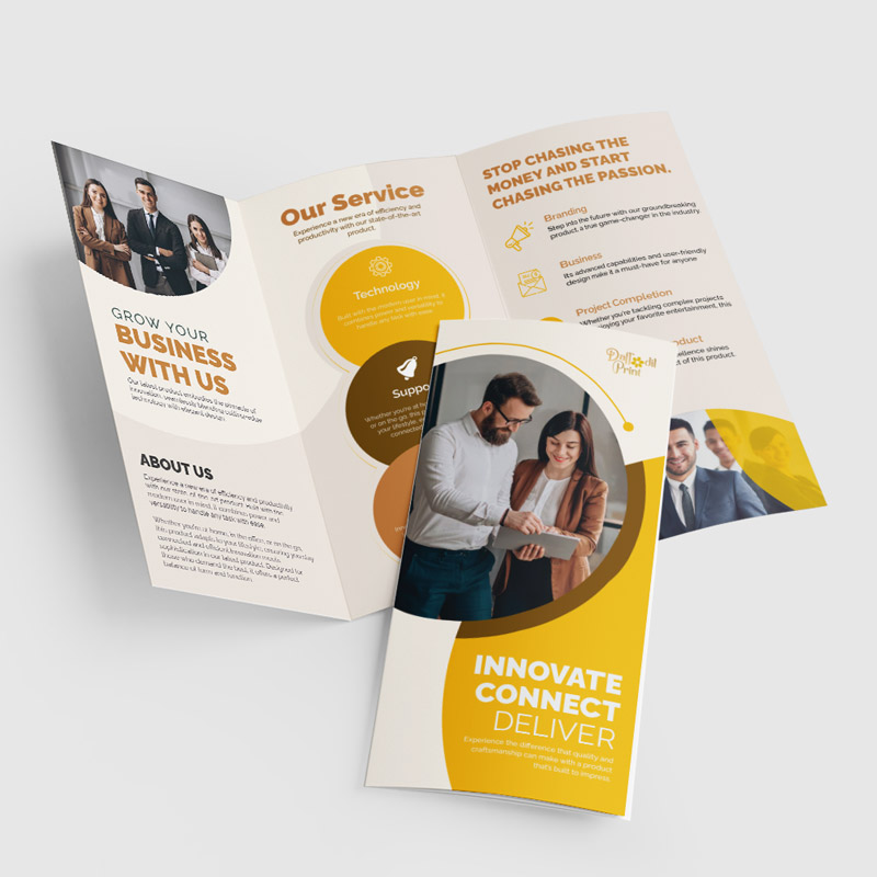 Brochures High-quality bulk brochures – tri-fold or half-fold, 100 lb gloss or matte text paper, ideal for marketing campaigns, pickup