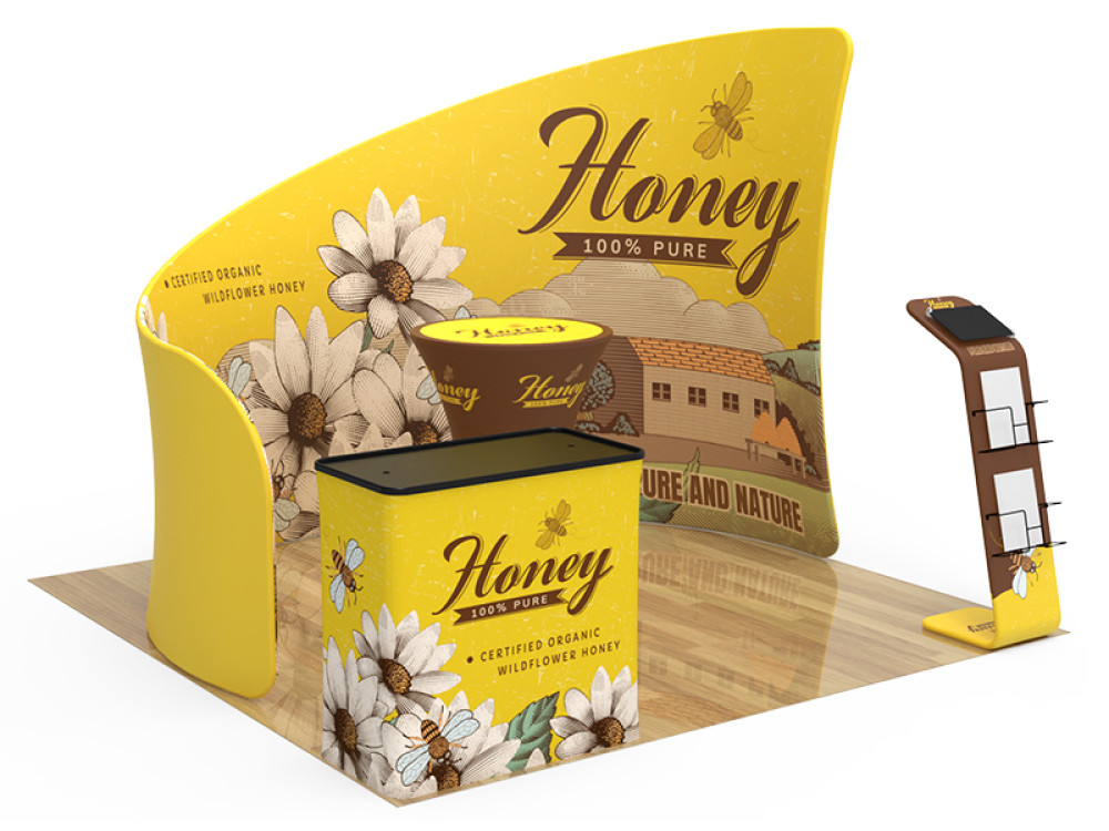 Expona 10x10ft custom booth for trade shows and events in NYC and Jersey City, featuring an L-shaped layout, cocktail table w