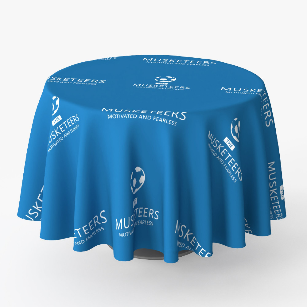 Custom-printed round table cover with fitted design, ideal for trade shows, events, and retail displays in NYC and Jersey Cit