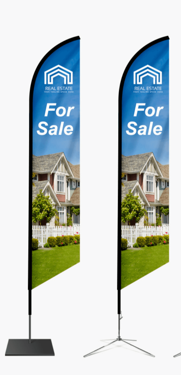 Feather Angled Flag with sturdy pole and custom-printed graphics, ideal for trade shows, retail promotions, and outdoor event