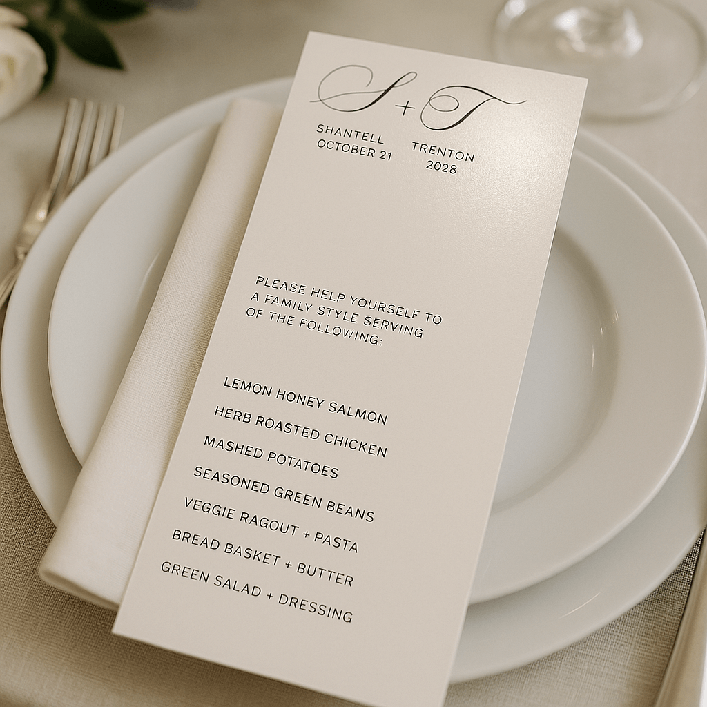 High-quality wedding menu cards – personalized with event details, printed on premium cardstock, ideal for weddings and event