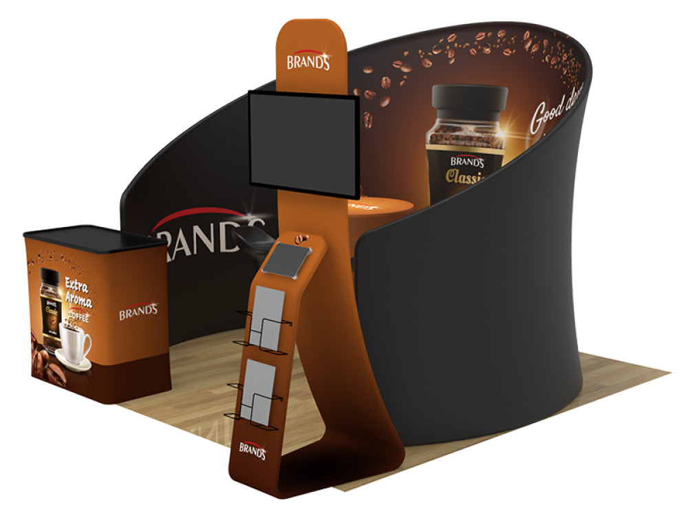 Demoir 10x10ft custom trade show booth in NYC and Jersey City, featuring sleek backdrop graphics, branded display counter, an