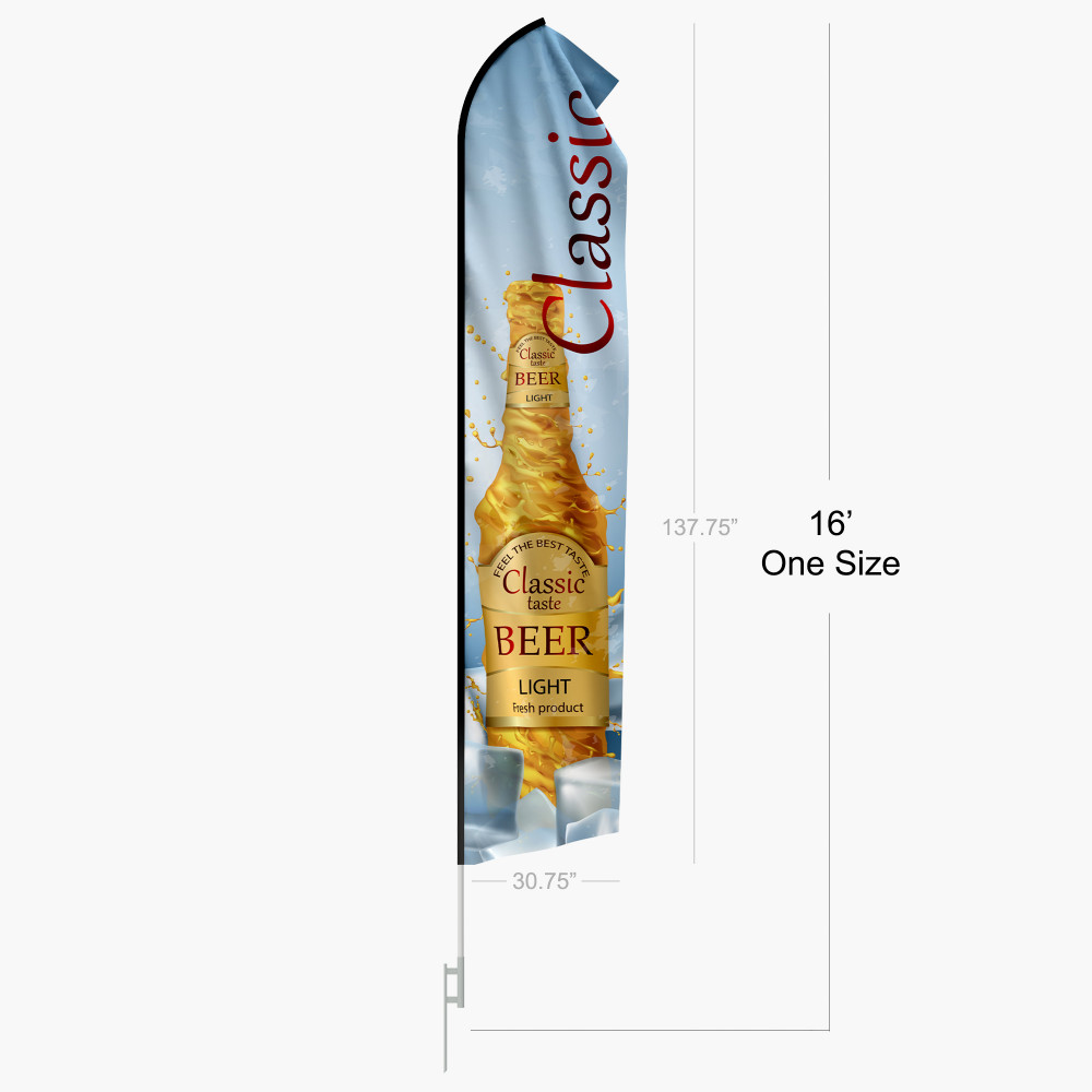 Economic feather flag with sturdy pole for trade shows, retail promotions, and outdoor events in NYC and Jersey City, featuri