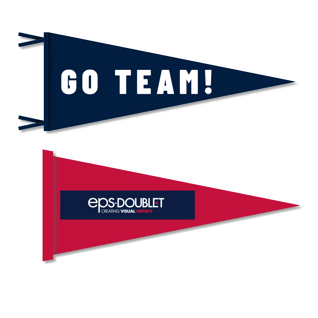 Pennants Two pennant flags, one with a navy blue background and 'GO TEAM!' in bold white letters, and the other in red featuring the E