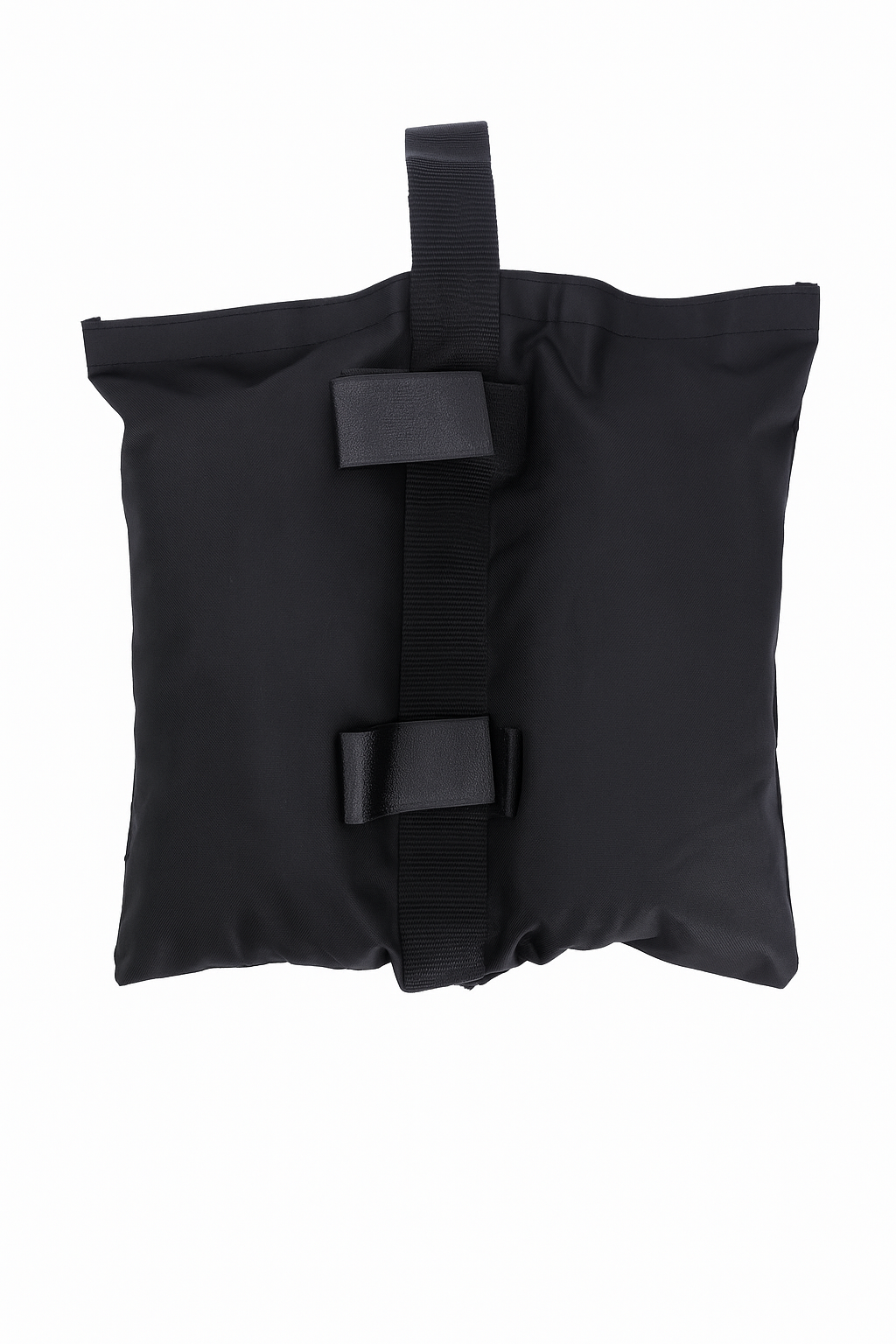 Black sandbag with two straps for securing outdoor displays or tents, designed for stability
