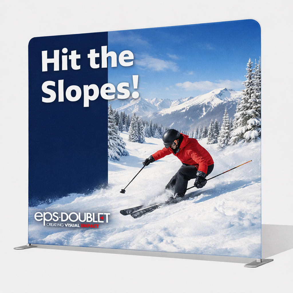 Flat wall banner with the text 'Hit the Slopes!' featuring a skier in a red jacket on a snow-covered mountain and the EPS Dou