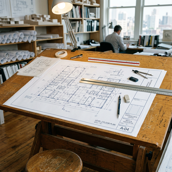 Printed blueprints on drafting table