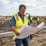 Man looking at blueprints at construction site