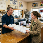 Man handing lady printed Blueprints