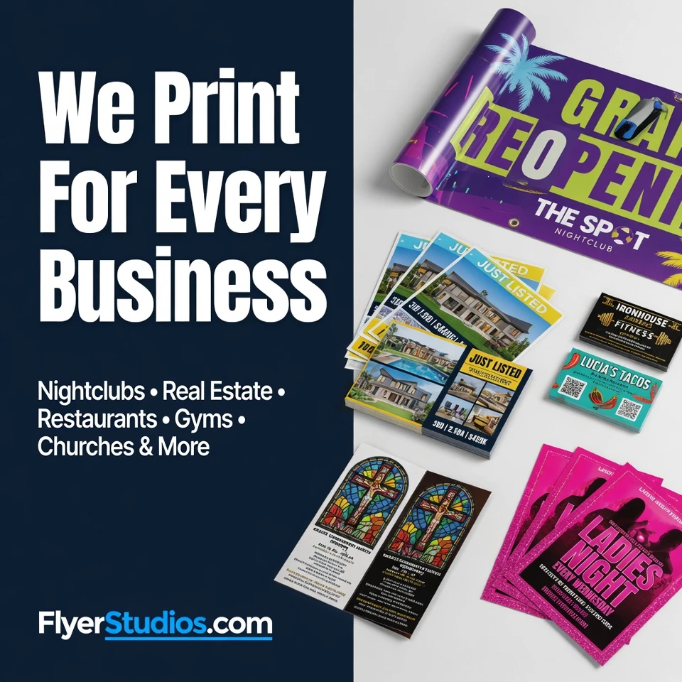 FlyerStudios.com prints for every business — club flyers, real estate postcards, restaurant business cards, gym cards, church