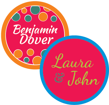 large round labels on various sports items 1.5” x 1.5"