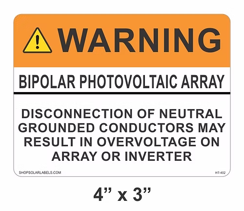 WARNING BIPOLAR PHOTOVOLTAIC ARRAY label