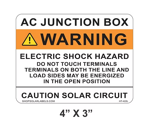 AC JUNCTION BOX A WARNING ELECTRIC SHOCK HAZARD label 4” x 3"
