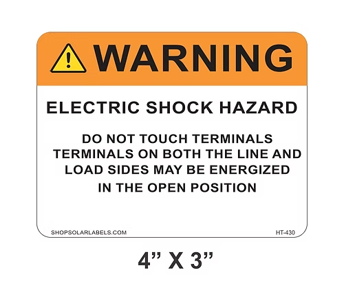 WARNING ELECTRIC SHOCK HAZARD DO NOT TOUCH TERMINALS label 4” x 3"