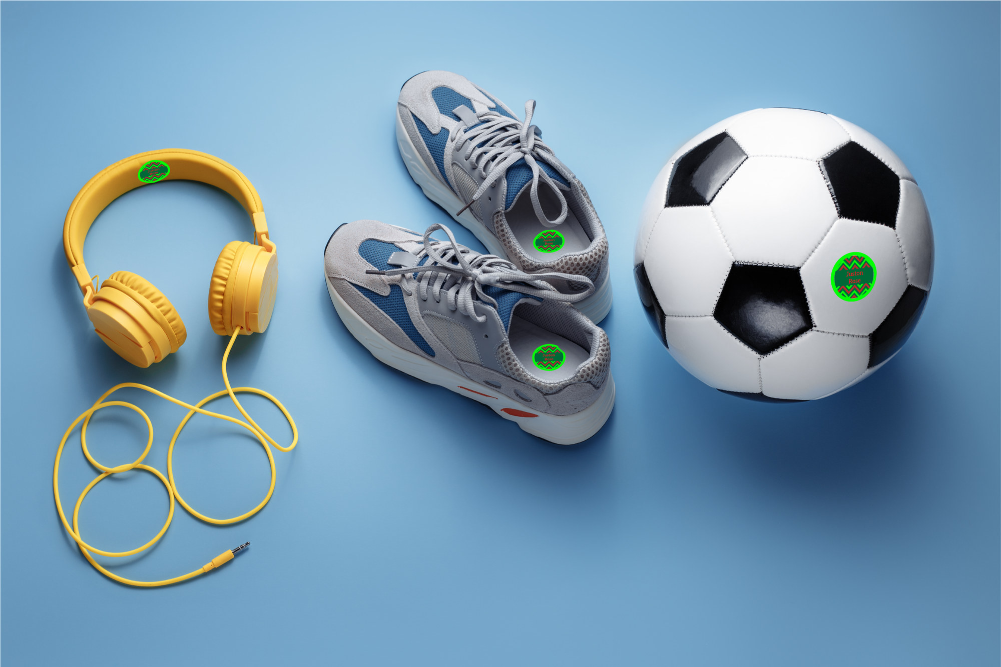 headphones sneakers soccer round stick on label