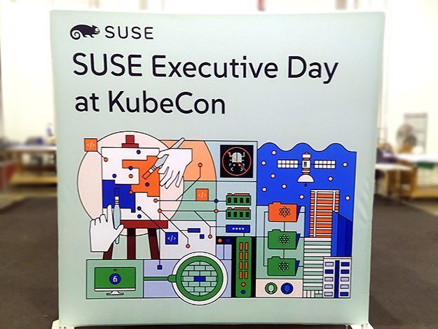 SUSE Excutive Day at Kubecon. Pop up showing workflow graphic.