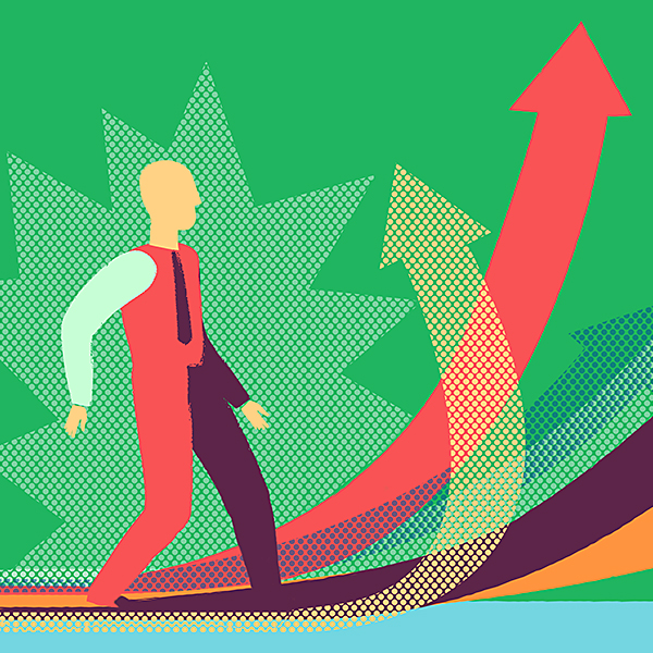 Graphic an illstration of a man walking through abstract arrows and designs indicating a curve.