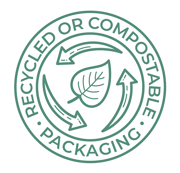 Graphic showing a Recycled Compostable Packaging icon.