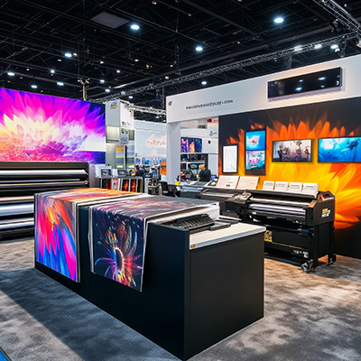 Photograph showing screens set up for showing digital displays.