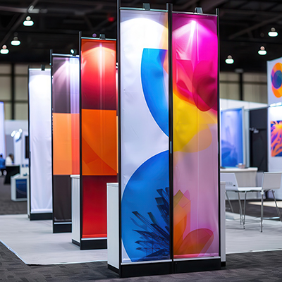 Photograph showing brightly lit banners and display signs.