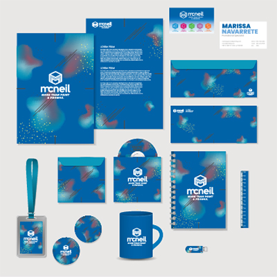 Graphic showing a variety of promotional items with company logos.